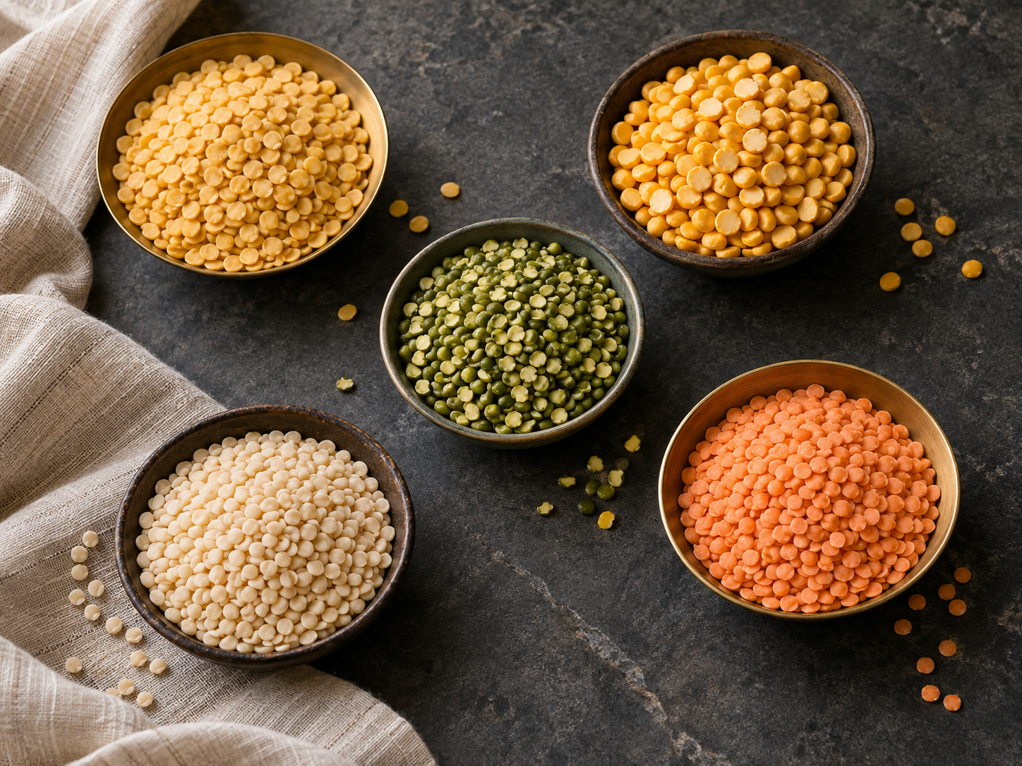 Five varieties of Indian pulses arranged in bowls